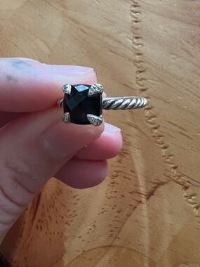 Sterling Silver Ring with Black Cushion Gemstone